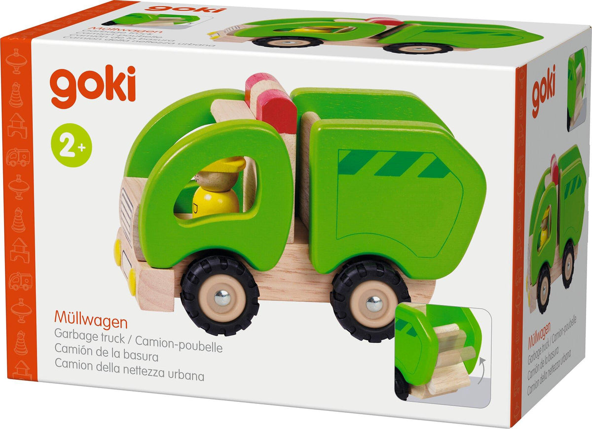Müllwagen in Grün aus Holz mit Fahrerfigur – Nahaufnahme