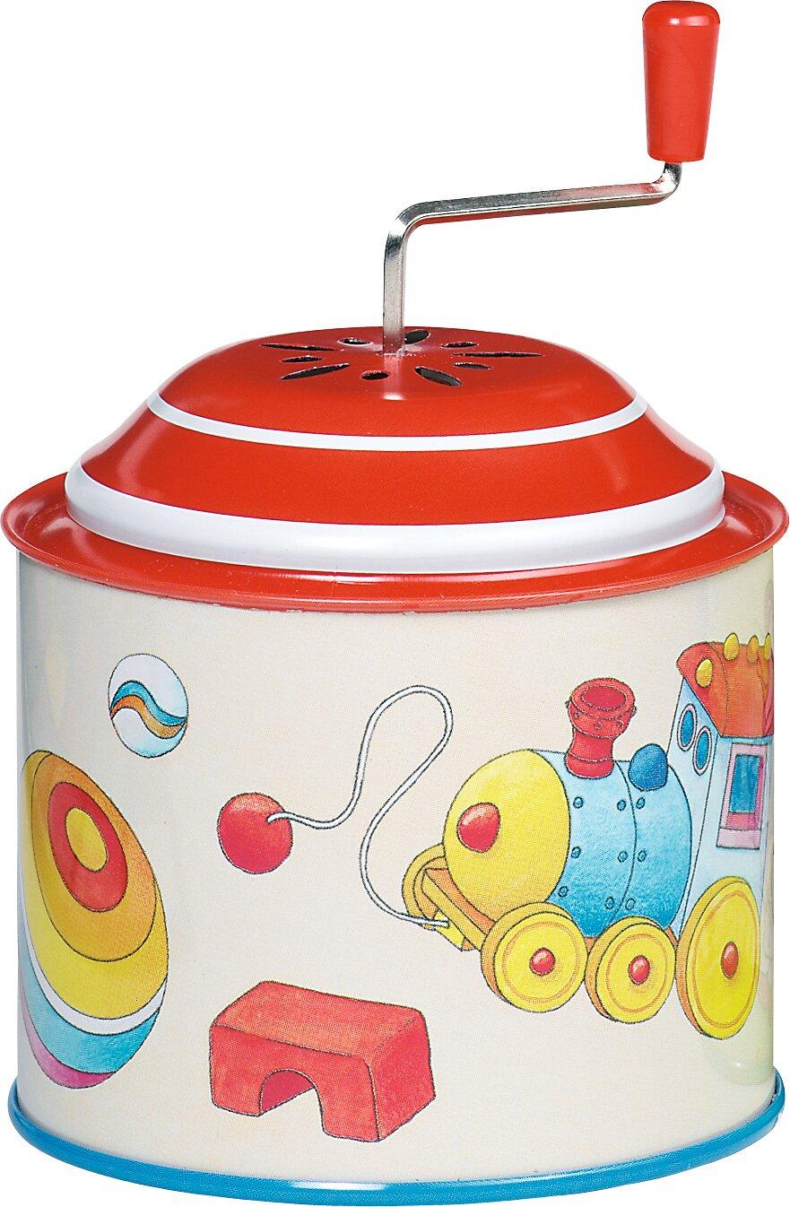 Musikspieldose mit Lokomotive und Ball aus Blech