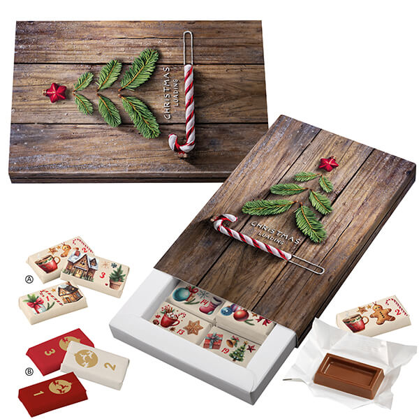 Schuber Adventskalender mit Standardmotiv und Logo im Werbefeld