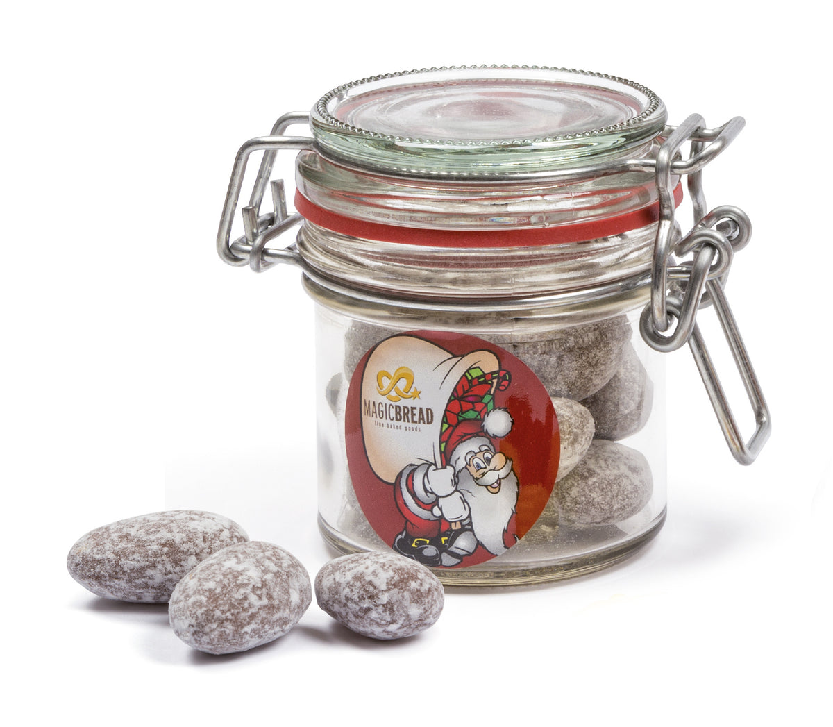Bügelverschlussglas mit Zimtmandeln und rundem Etikett