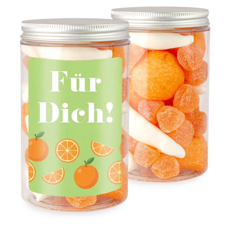 Oranger Süßigkeitenmix in der Dose 165 g mit Etikett – Beispielmotiv