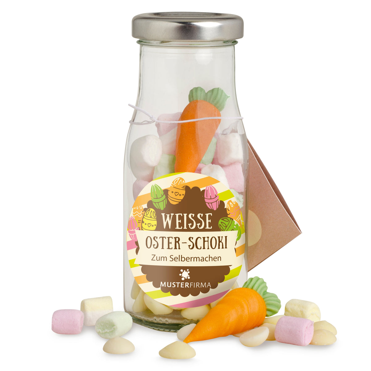 Oster Trinkschoki mit Marshmallows in der Glasflasche mit Logo – Beispielmotiv
