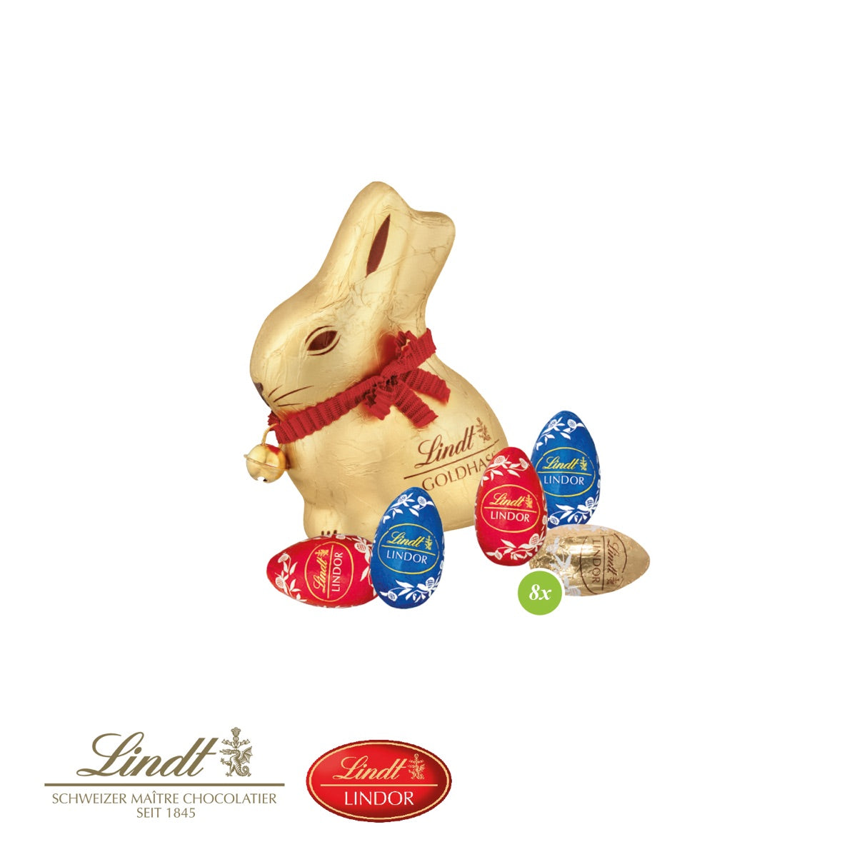 Geöffneter Oster Werbewürfel mit Goldhase und Schokoladeneiern von Lindt