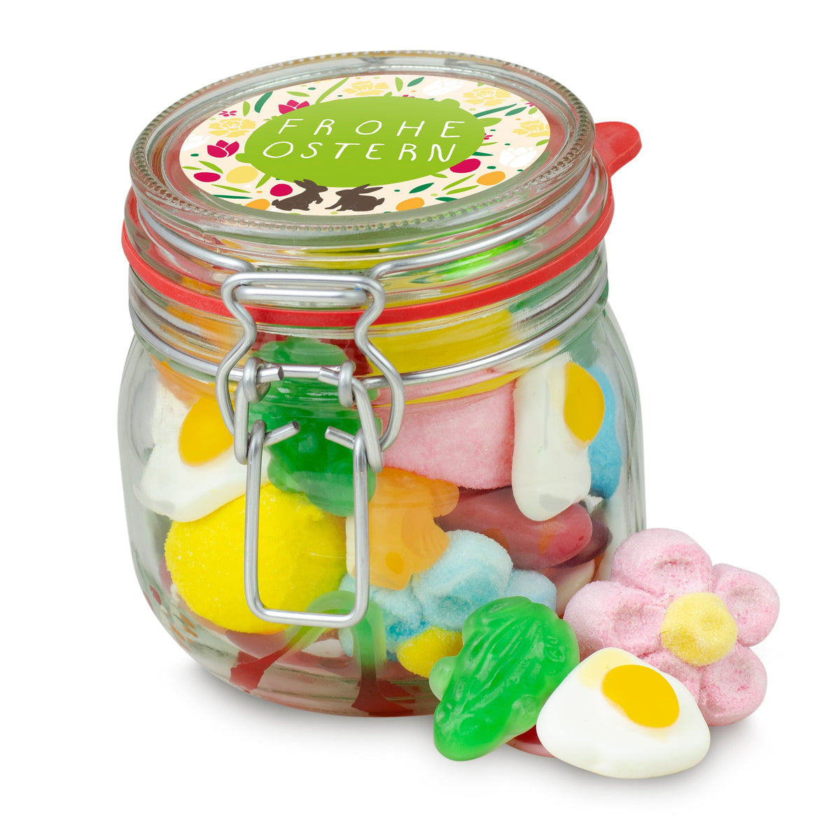 Osterglas mit Fruchtgummi und Schaumzucker 310 g mit Logo – Beispielmotiv