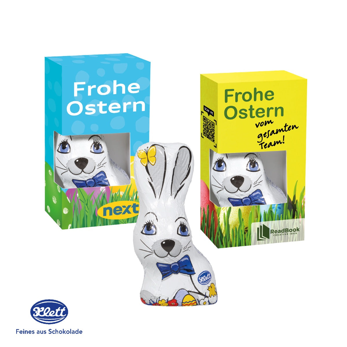 Werbebox aus Karton mit vollflächigem Druck für Logo und Ostermotiv