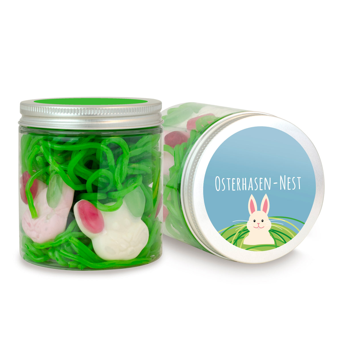 Osternest in der Dose 150 g mit Fruchtgummi Hasen und Logo – Beispielmotiv