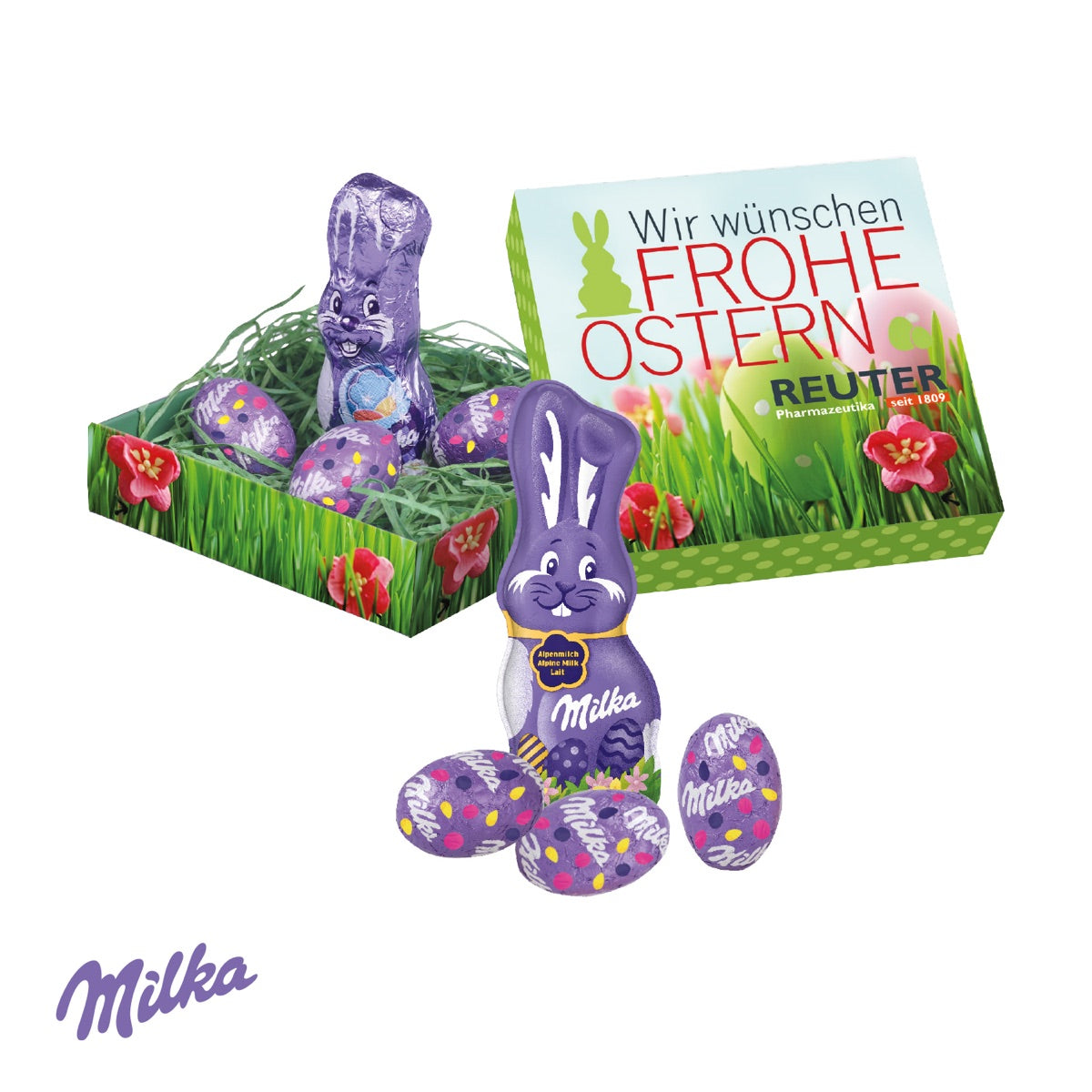 Osternest aus Karton, vollflächig mit Werbemotiv und Logo bedruckt