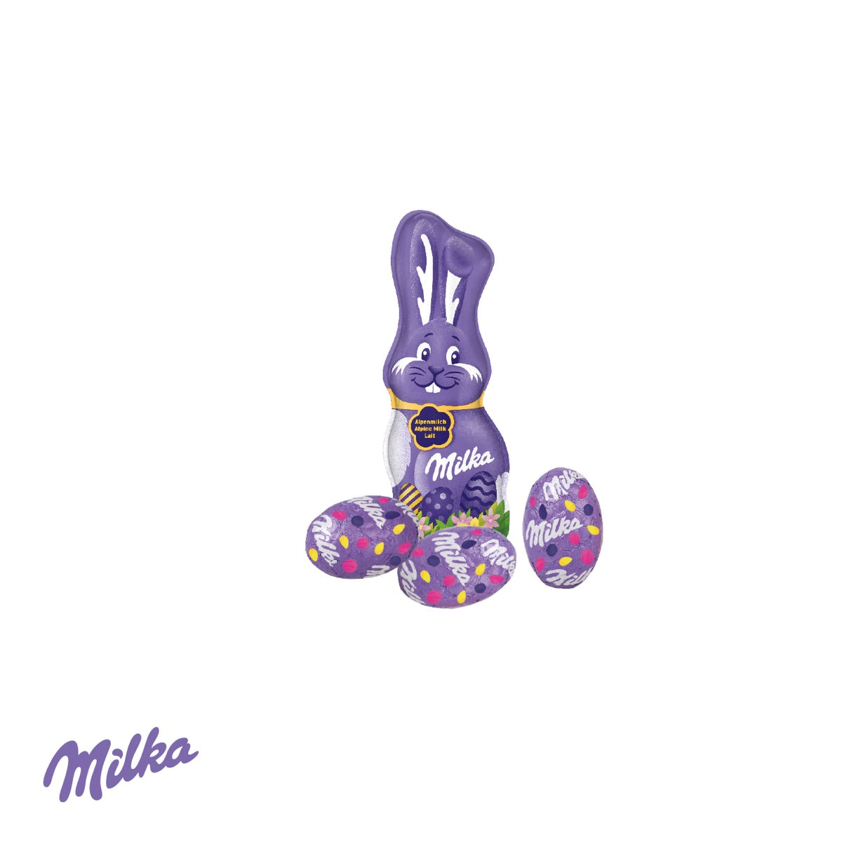 Milka Schmunzelhase und drei Alpenmilch Eier im Osternest