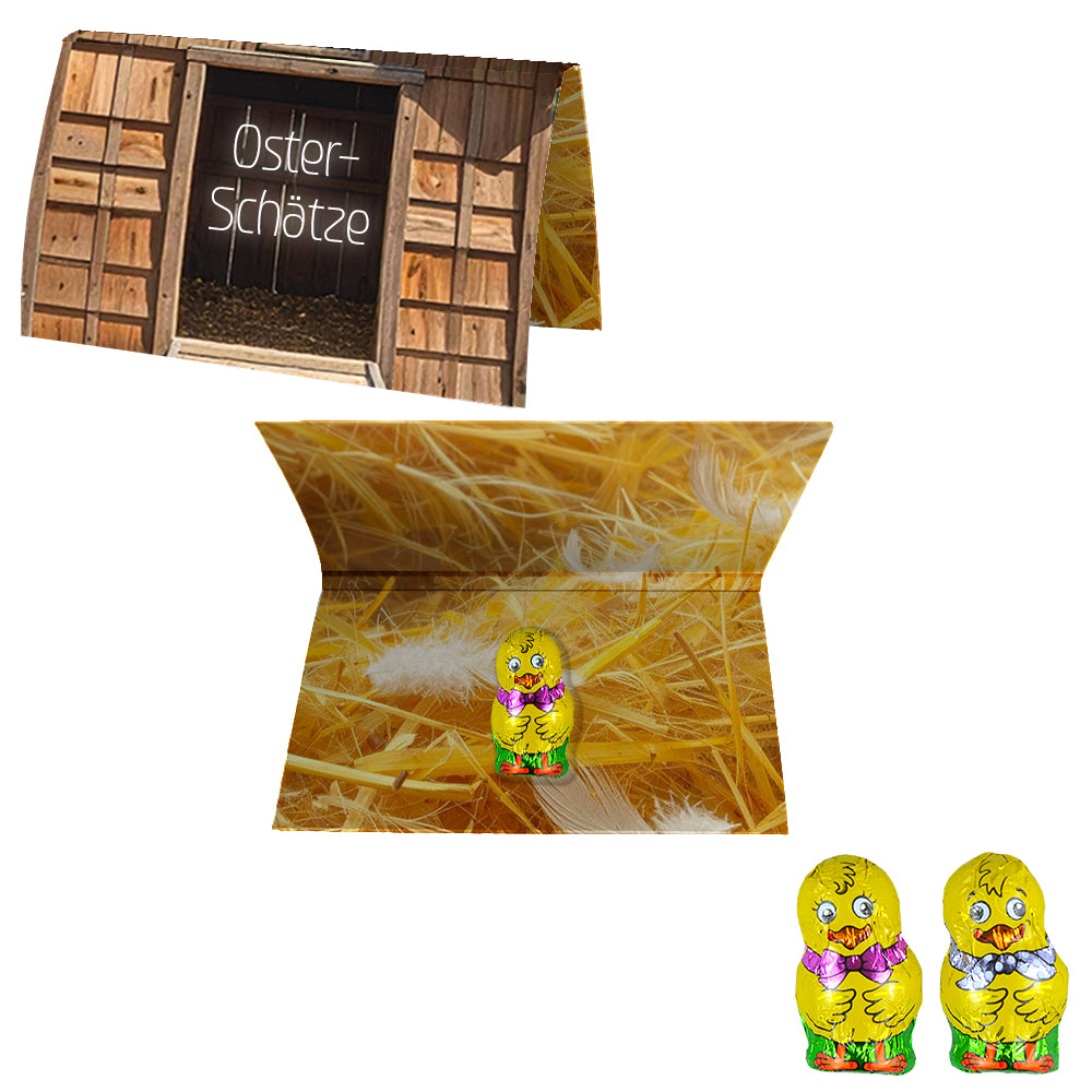 Osterschokolade in der Werbekarte A6 – Schoko Küken Mix, ca. 6 g