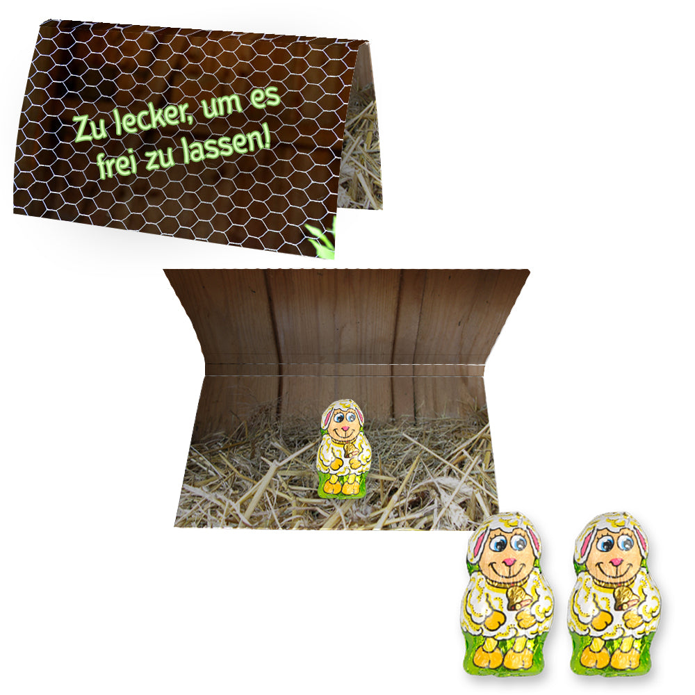 Osterschokolade in der Werbekarte A6 – Schoko Lamm, ca. 6 g