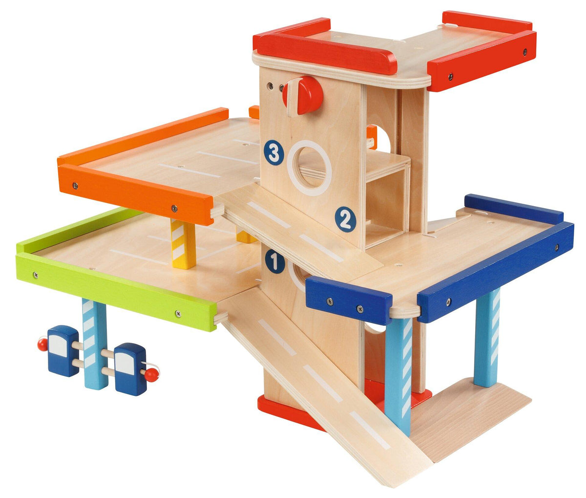 Parkhaus aus Holz mit Rampen und bunten Ebenen von goki