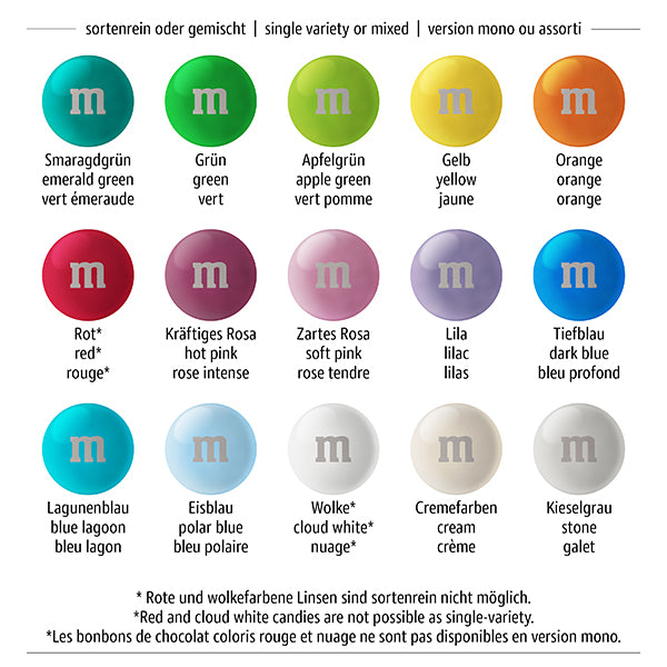 Bedruckte M&M’S Linsen in verschiedenen Farben mit Firmenlogo