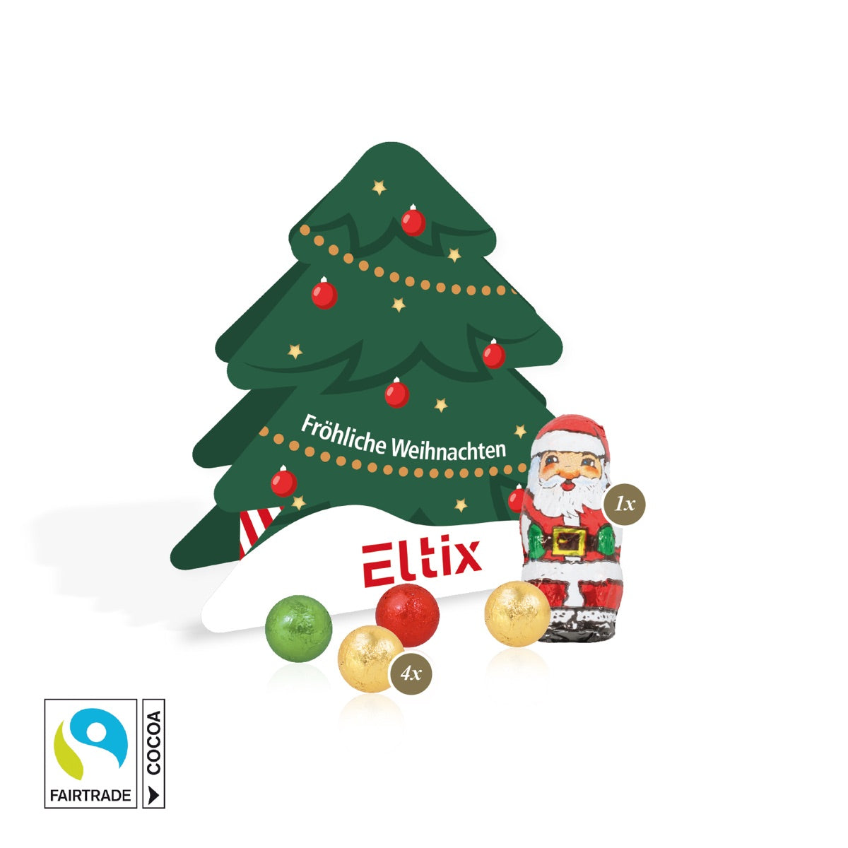 Weihnachtspräsent in Tannenbaumform mit vierfarbigem Werbemotiv