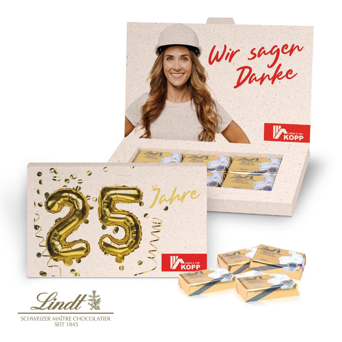 Flache Präsentbox aus Karton mit vollflächig bedrucktem Werbemotiv