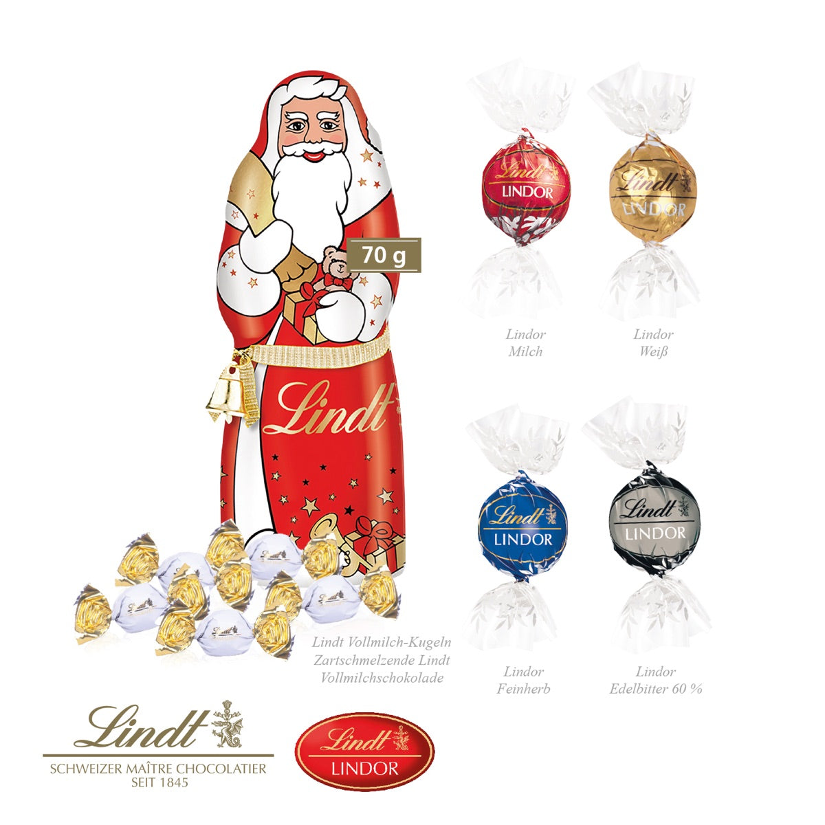 Premium Präsent geöffnet mit Lindt Weihnachtsmann, Pralinés und Kugeln