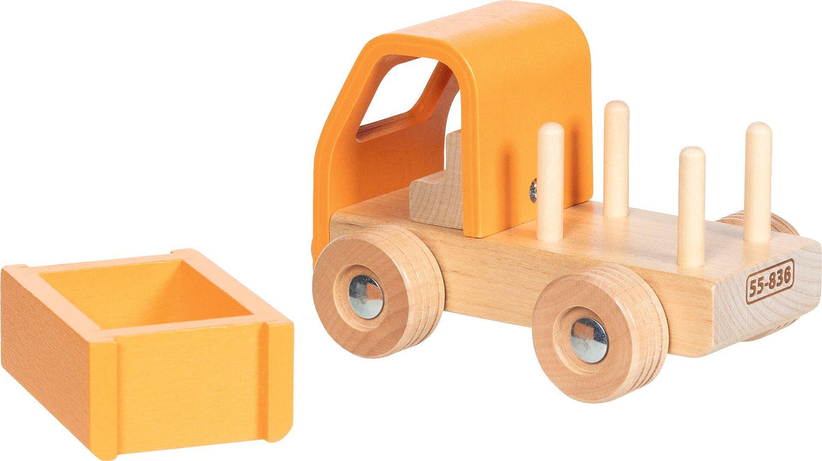 Pritschenwagen aus Holz in Orange mit Holzrädern – weitere Ansicht