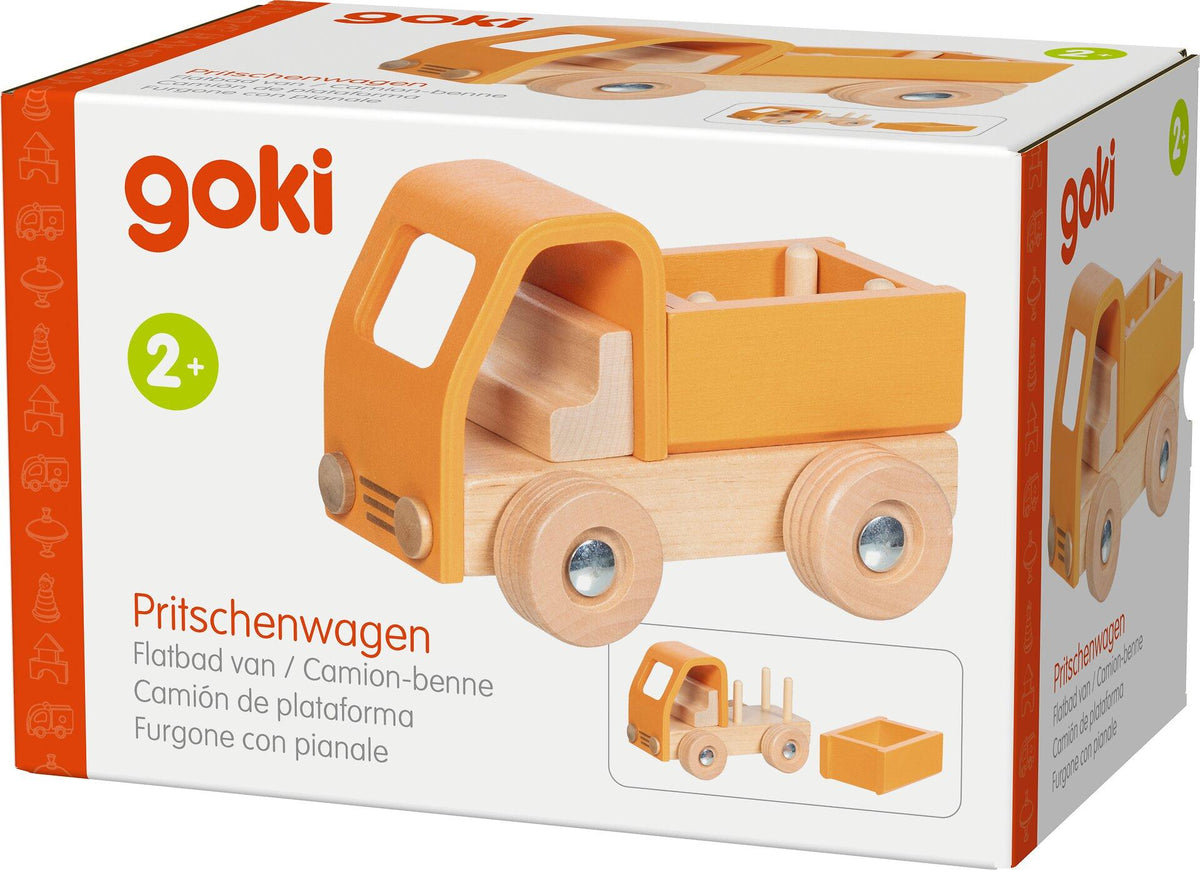 Pritschenwagen aus Holz in Orange mit Holzrädern – weitere Ansicht