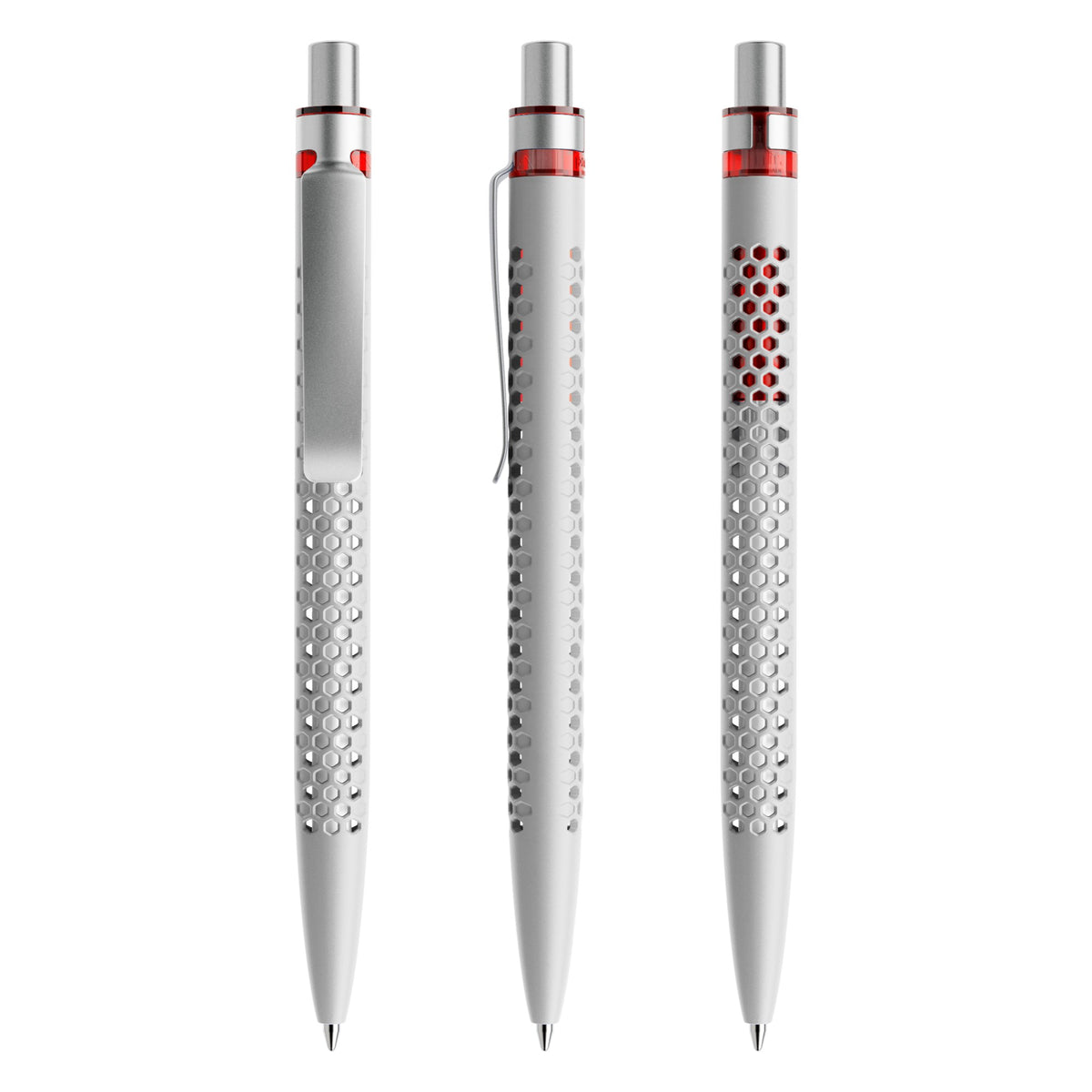 prodir QS40 Druckkugelschreiber matt mit Metallclip – Betongrau / Silber satiniert / Rot M77-S70-T20 S