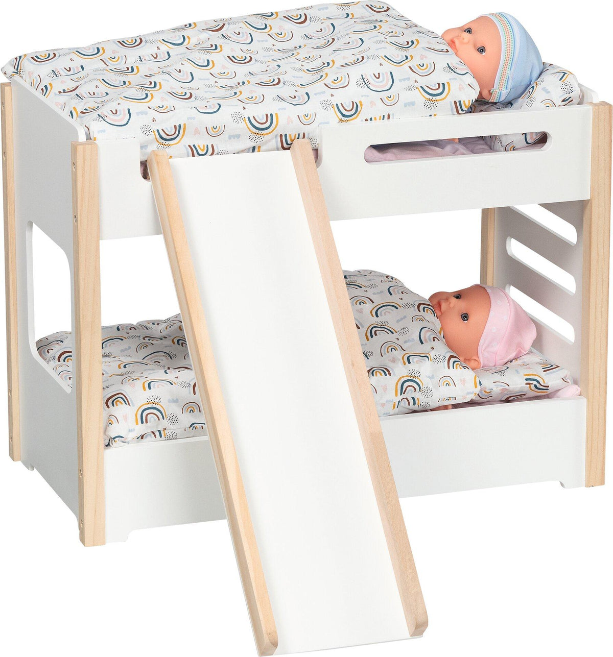 Puppen Etagenbett mit Rutsche in Weiß und Holz – Ansicht