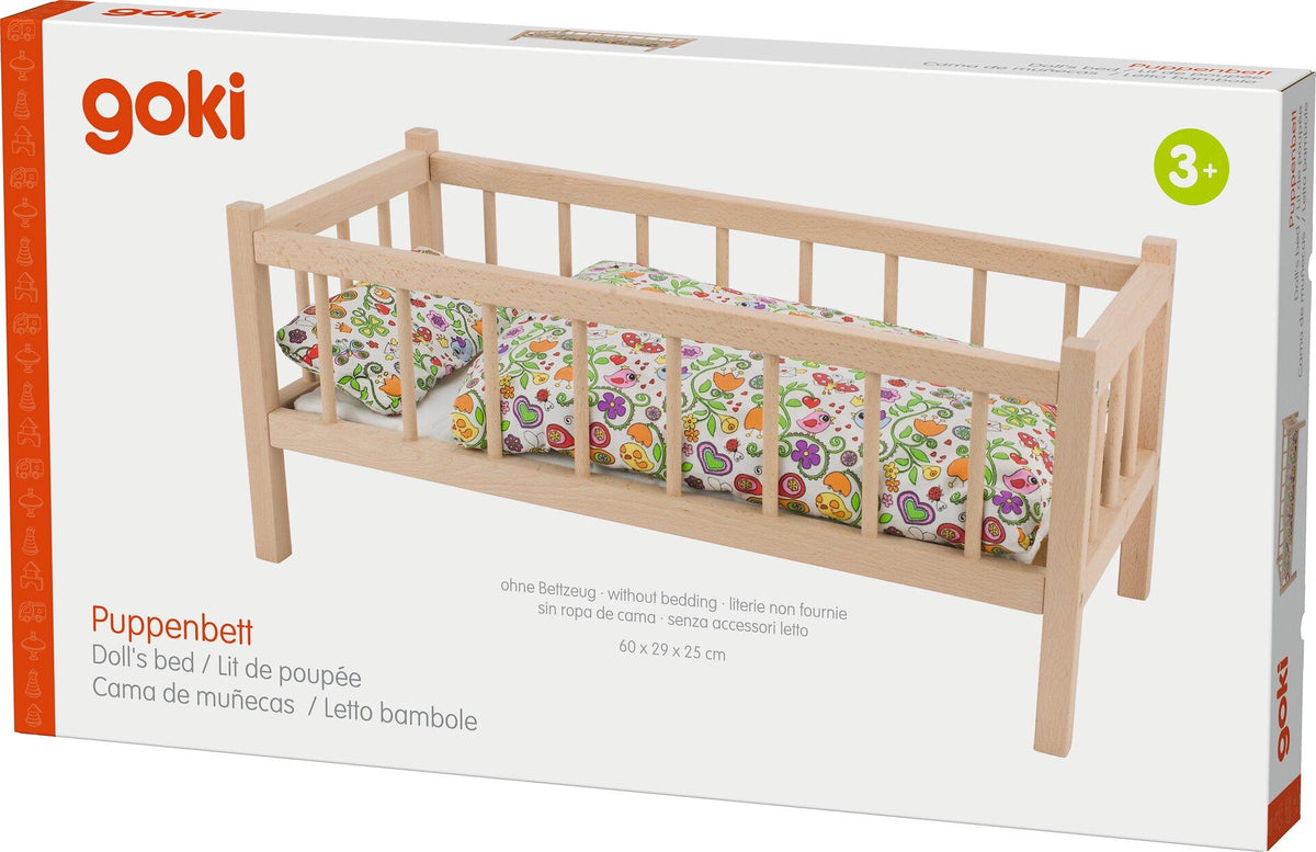 Puppenbett aus hellem Holz mit Stäben, 60 cm lang – weitere Ansicht