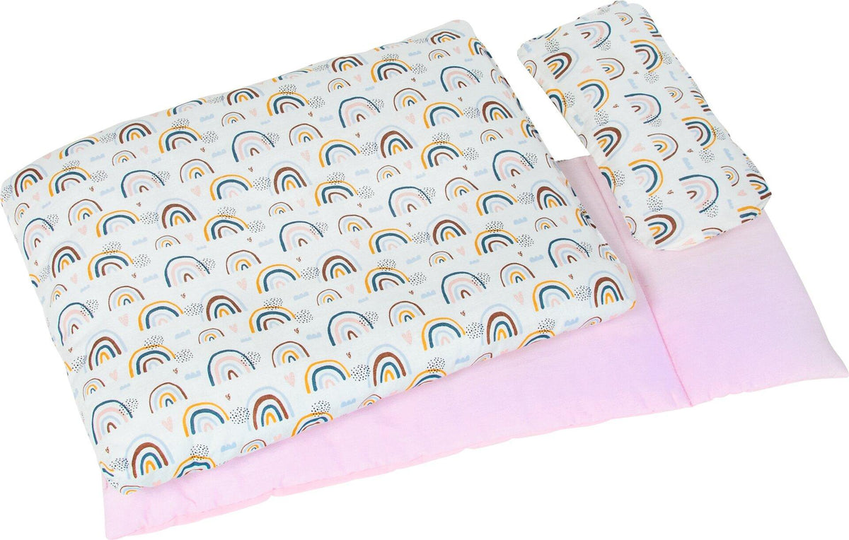 Puppenbettzeug Regenbogen mit rosa Unterbett – Ansicht