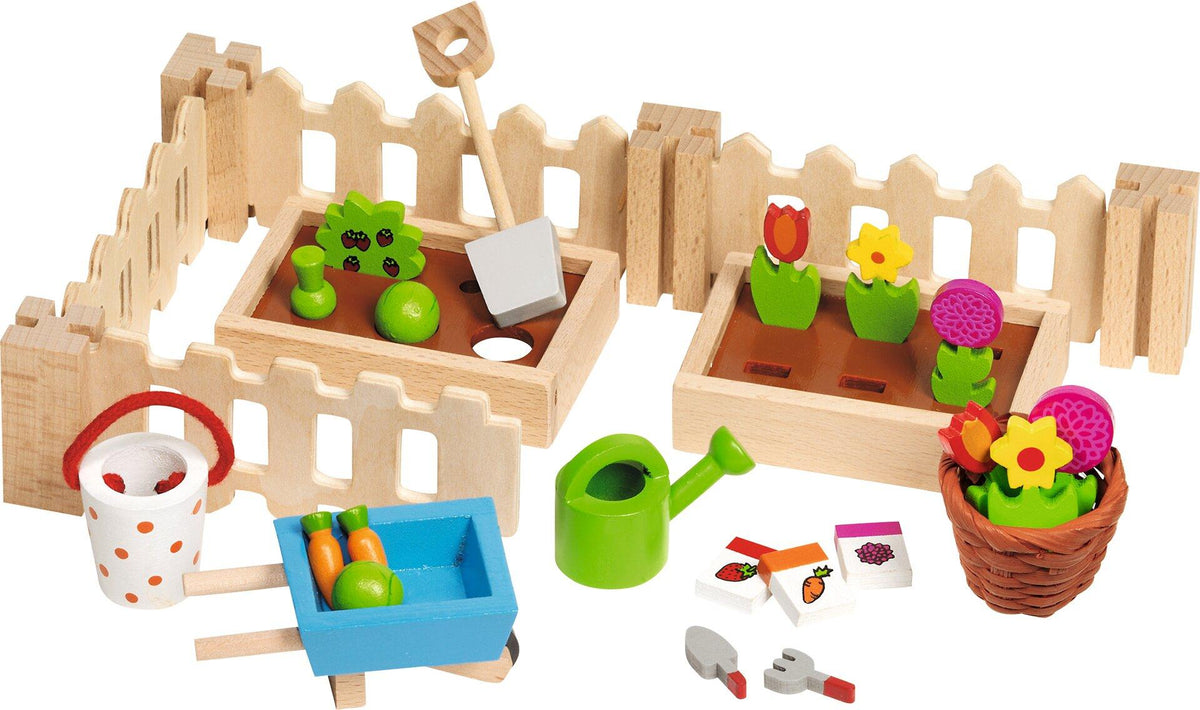 Puppenhaus Garten Set mit Beeten, Zaun und Gießkanne – Gesamtansicht