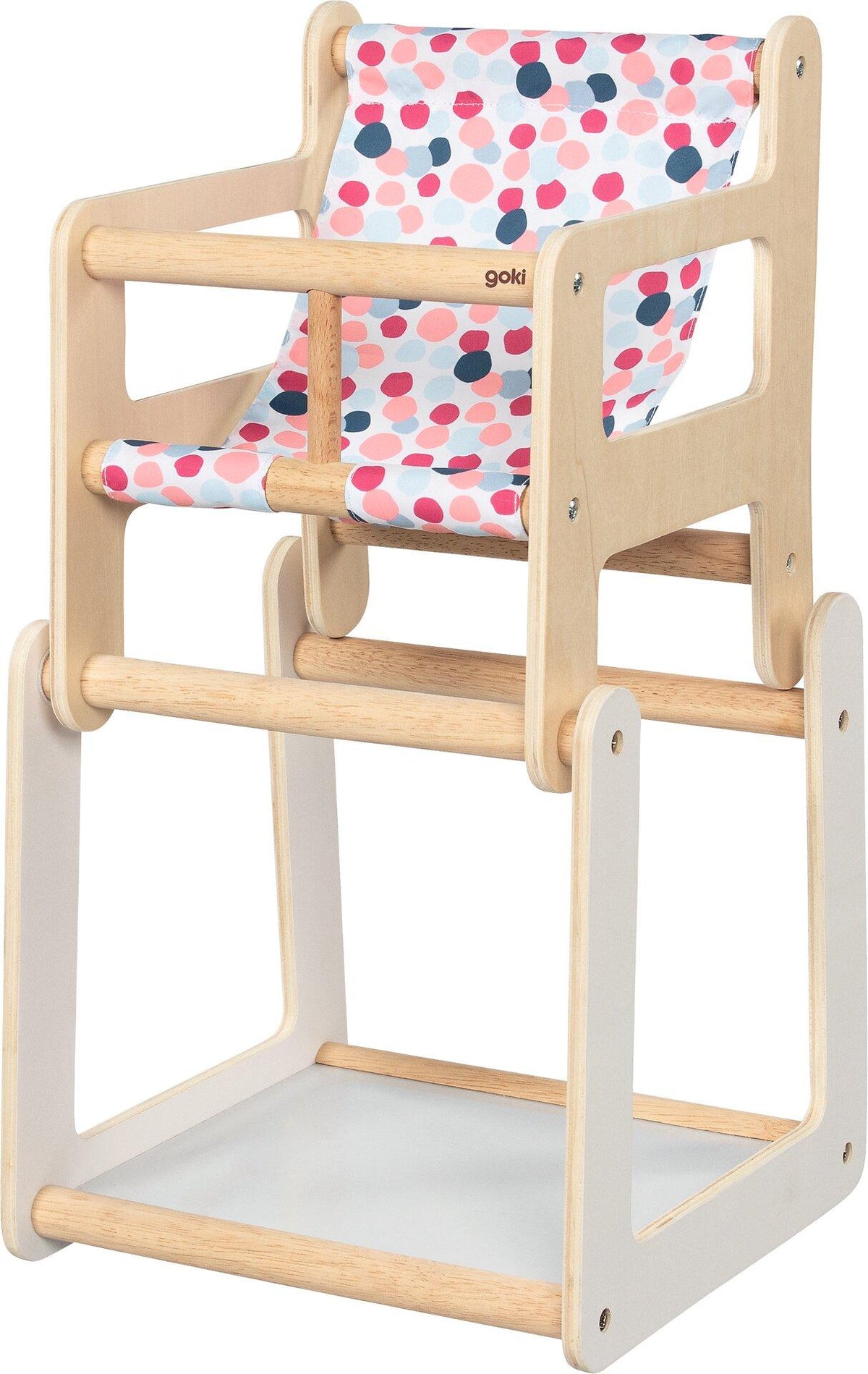 Puppenhochstuhl mit Tisch 2in1 aus Holz und Textil – weitere Ansicht