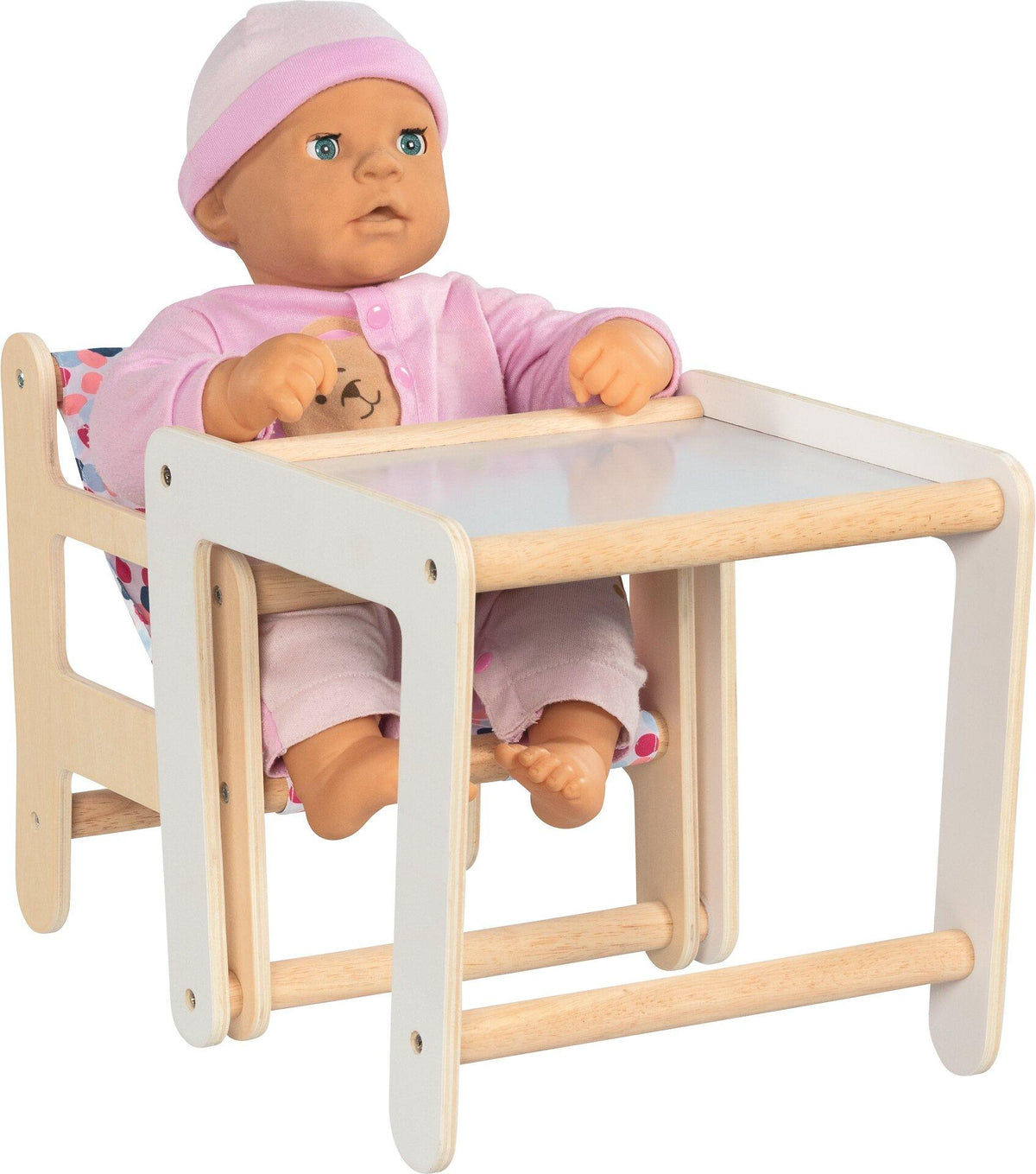 Puppenhochstuhl mit Tisch 2in1 aus Holz und Textil – weitere Ansicht