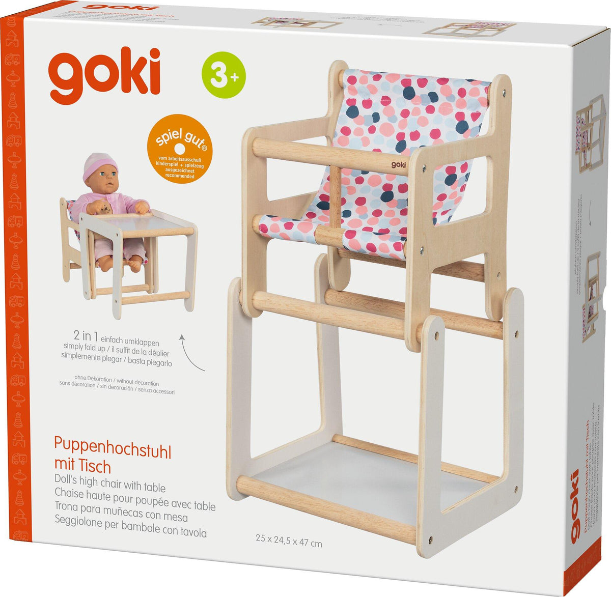 Puppenhochstuhl mit Tisch 2in1 aus Holz und Textil – weitere Ansicht