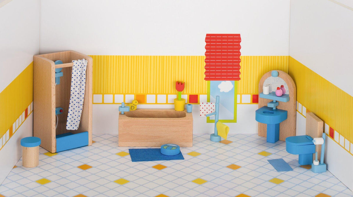 Puppenmöbel Badezimmer in Blau mit Duschkabine und Holzwanne – Ansicht