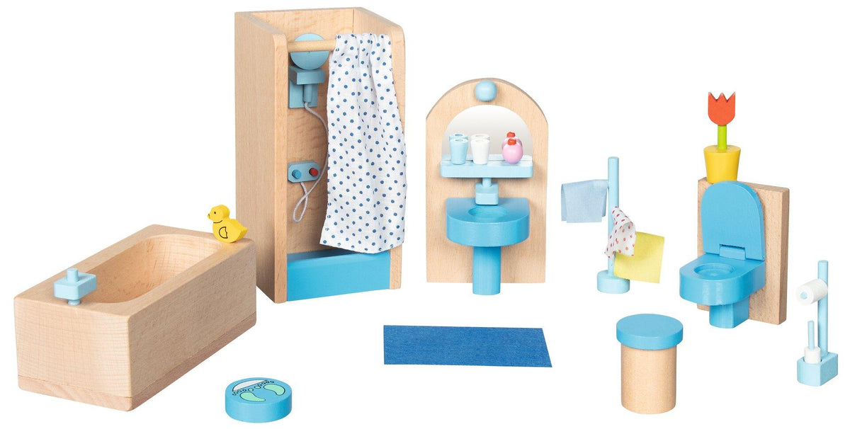 Puppenmöbel Badezimmer in Blau mit Duschkabine und Holzwanne – weitere Ansicht