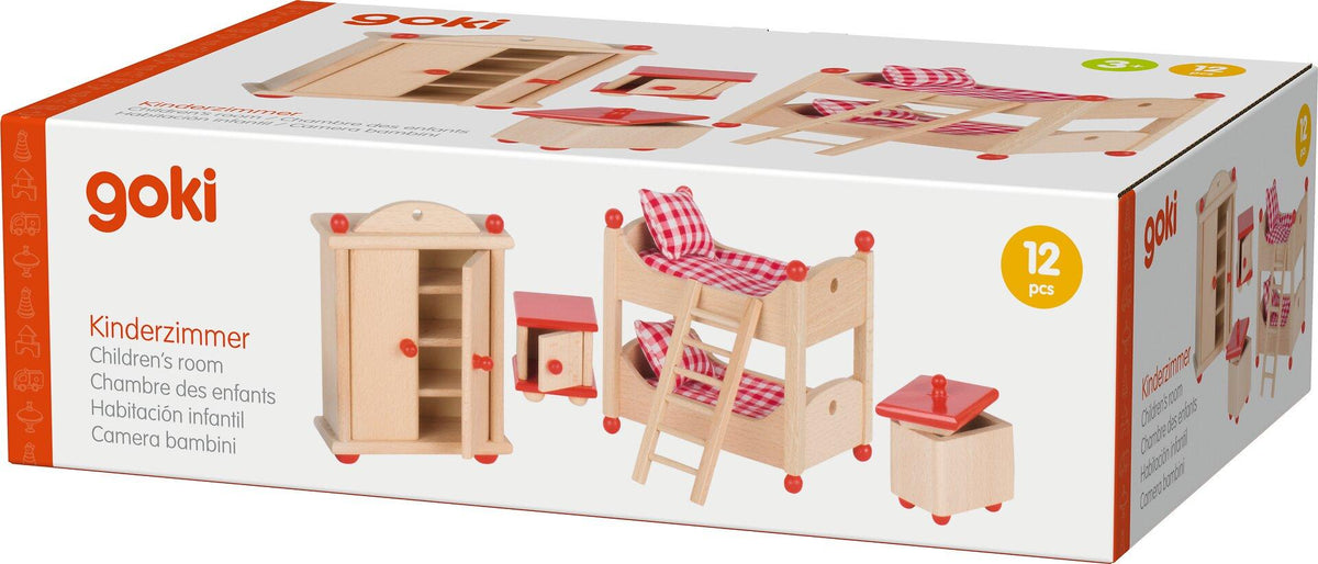 Puppenmöbel Kinderzimmer mit Etagenbett aus Buchenholz – Verpackung