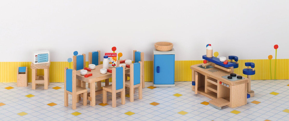 Puppenmöbel Küche mit Tresen, Barhockern und Esstisch