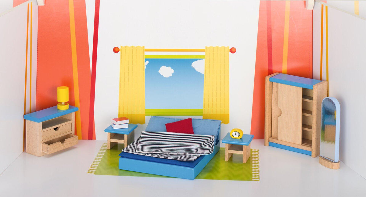 Puppenmöbel Schlafzimmer in Blau mit Kommode und Kleiderschrank – Ansicht