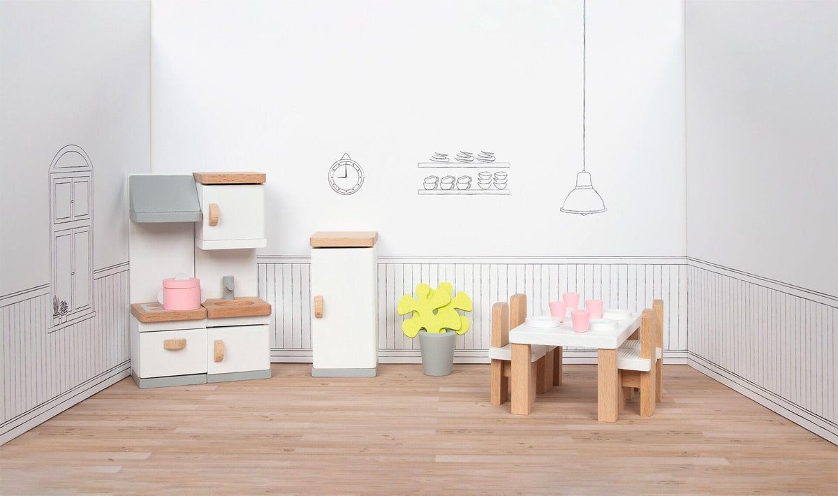 Puppenmöbel Style Küche mit Esstisch und Kühlschrank – Ansicht