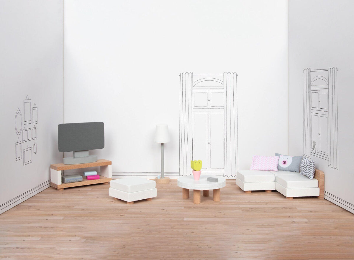 Puppenmöbel Style Wohnzimmer mit Ecksofa und Fernseher