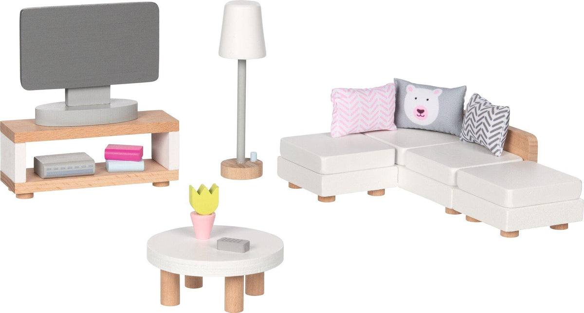 Puppenmöbel Style Wohnzimmer mit Ecksofa und Fernseher – weitere Ansicht