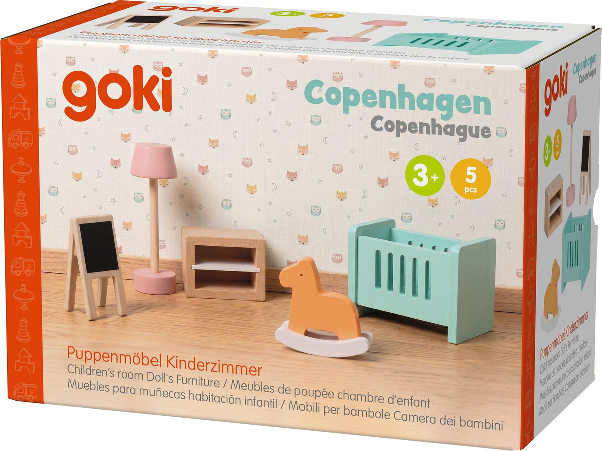 Puppenmöbelserie Copenhagen Kinderzimmer mit Schaukelpferd – Verpackung