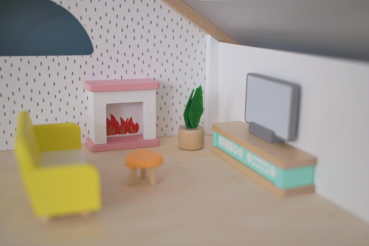 Puppenmöbelserie Copenhagen Wohnzimmer mit gelbem Sofa – weitere Ansicht
