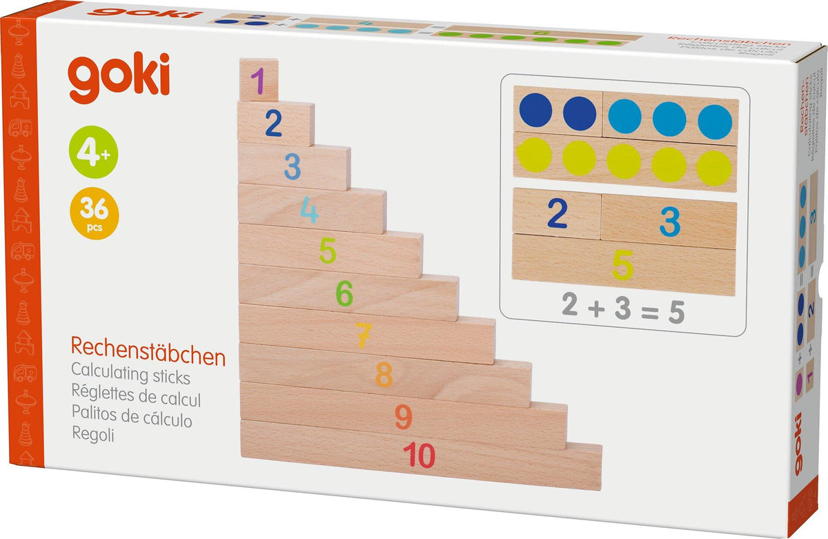 Rechenstäbe aus Holz mit Zahlen von 1 bis 10 im Holzkasten – Verpackung
