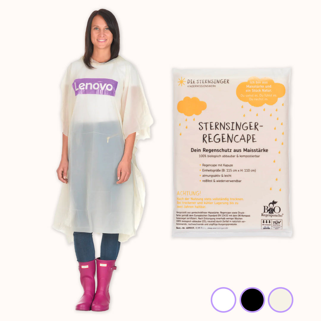 Regenponcho aus Maisstärke für dein Event bedrucken.