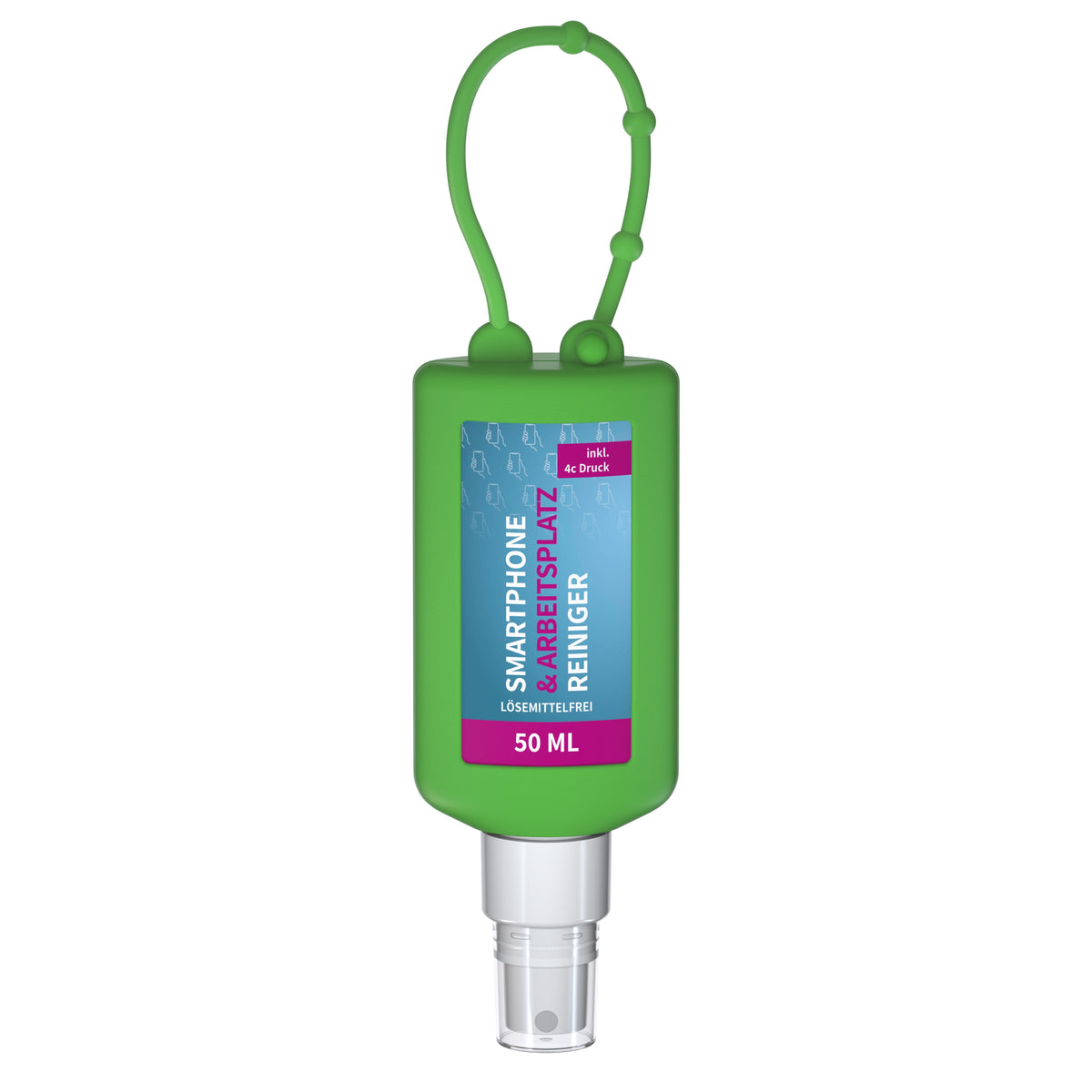 Reinigungsspray Smartphone 50 ml Anhängeflasche mit Silikonhülle – Grün