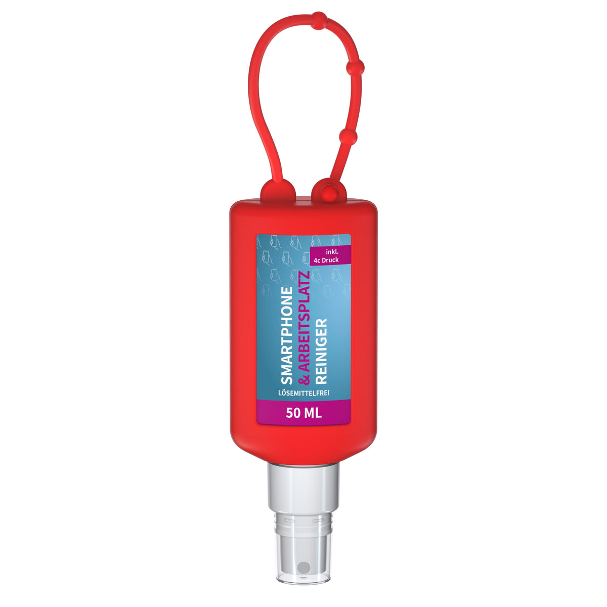 Reinigungsspray Smartphone 50 ml Anhängeflasche mit Silikonhülle – Rot