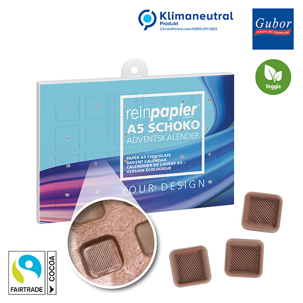 A5 Schokoladen-Adventskalender aus Papier mit Fairtrade Schokolade Vorderseite