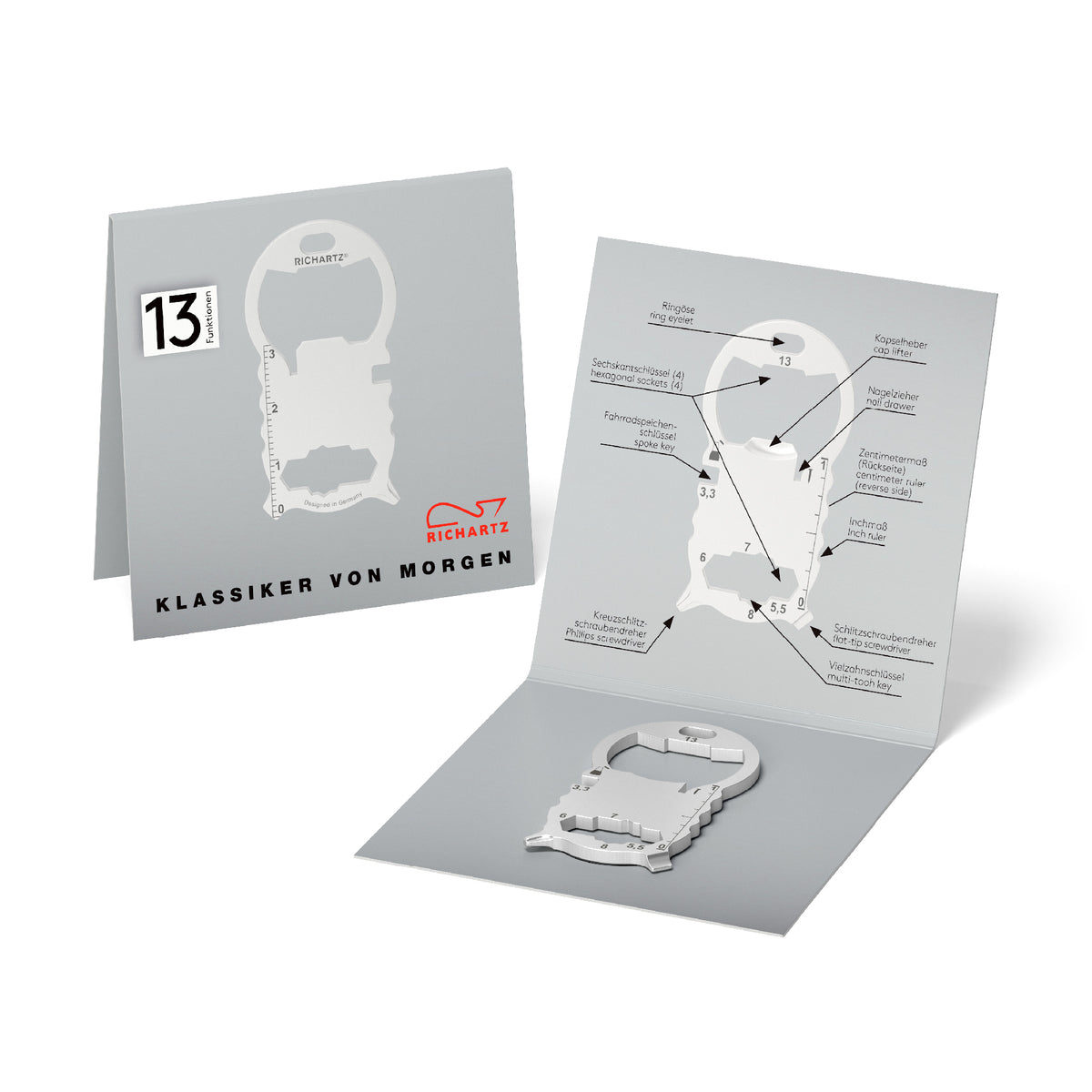 RICHARTZ KEY TOOL compact 13+ Mini Multitool am Schlüsselbund – Verpackung