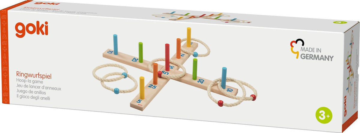 Ringwurfspiel mit 6 Sisalringen auf Holzleisten – Verpackung