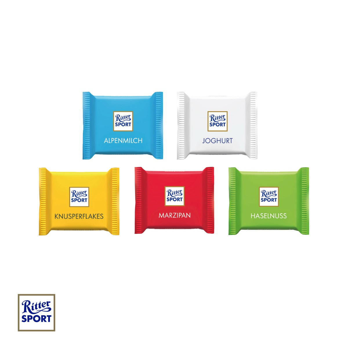Geöffnete Box mit vier Ritter SPORT Mini Tafeln