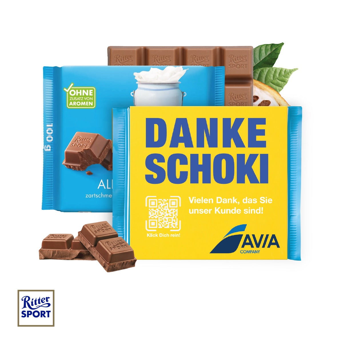 Quadratische Schokoladentafel mit vierfarbig bedruckter Werbebanderole