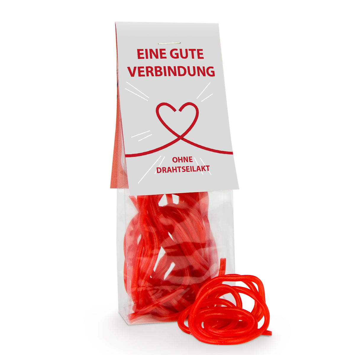 Rote Fruchtgummi Schnüre im Beutel 50 g mit Logo – Beispielmotiv