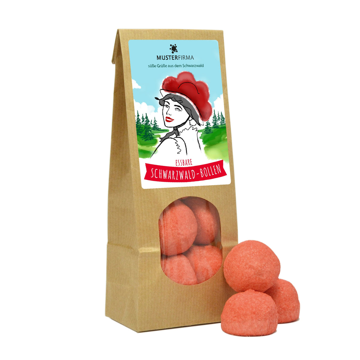Rote Marshmallow Kugeln im Papierbeutel 80 g mit Logo – Beispielmotiv
